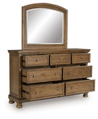 Medium brown dresser with arched mirror; drawers partially open