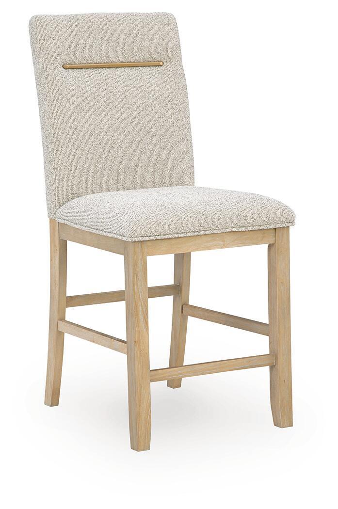 Upholstered barstool with light brown textured fabric, wooden legs, brass handle