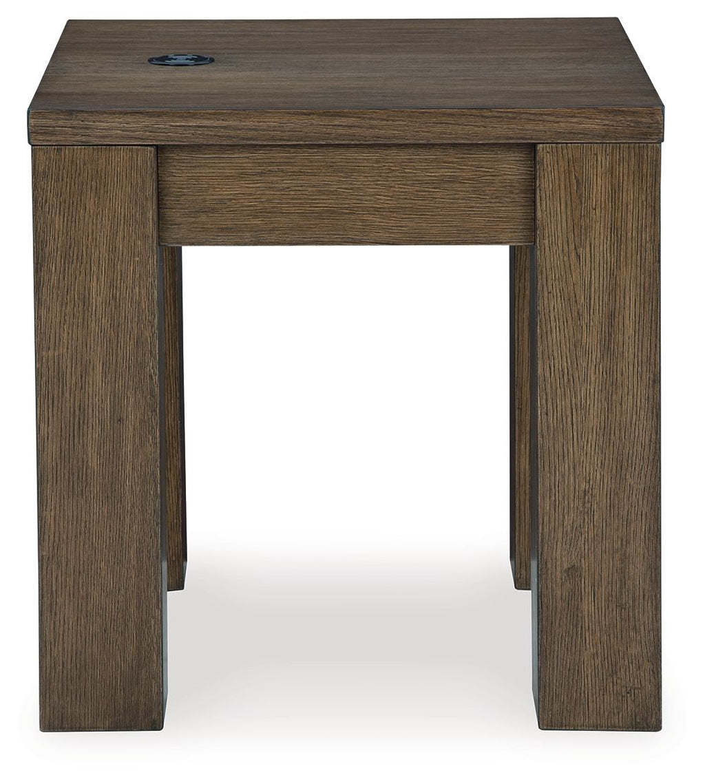 Warm brown square end table with front drawer and open lower shelf