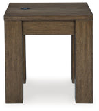 Warm brown square end table with front drawer and open lower shelf