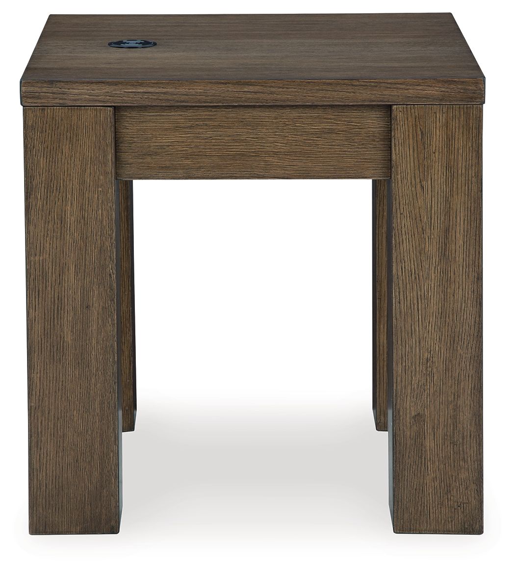 Warm brown square end table with front drawer and open lower shelf