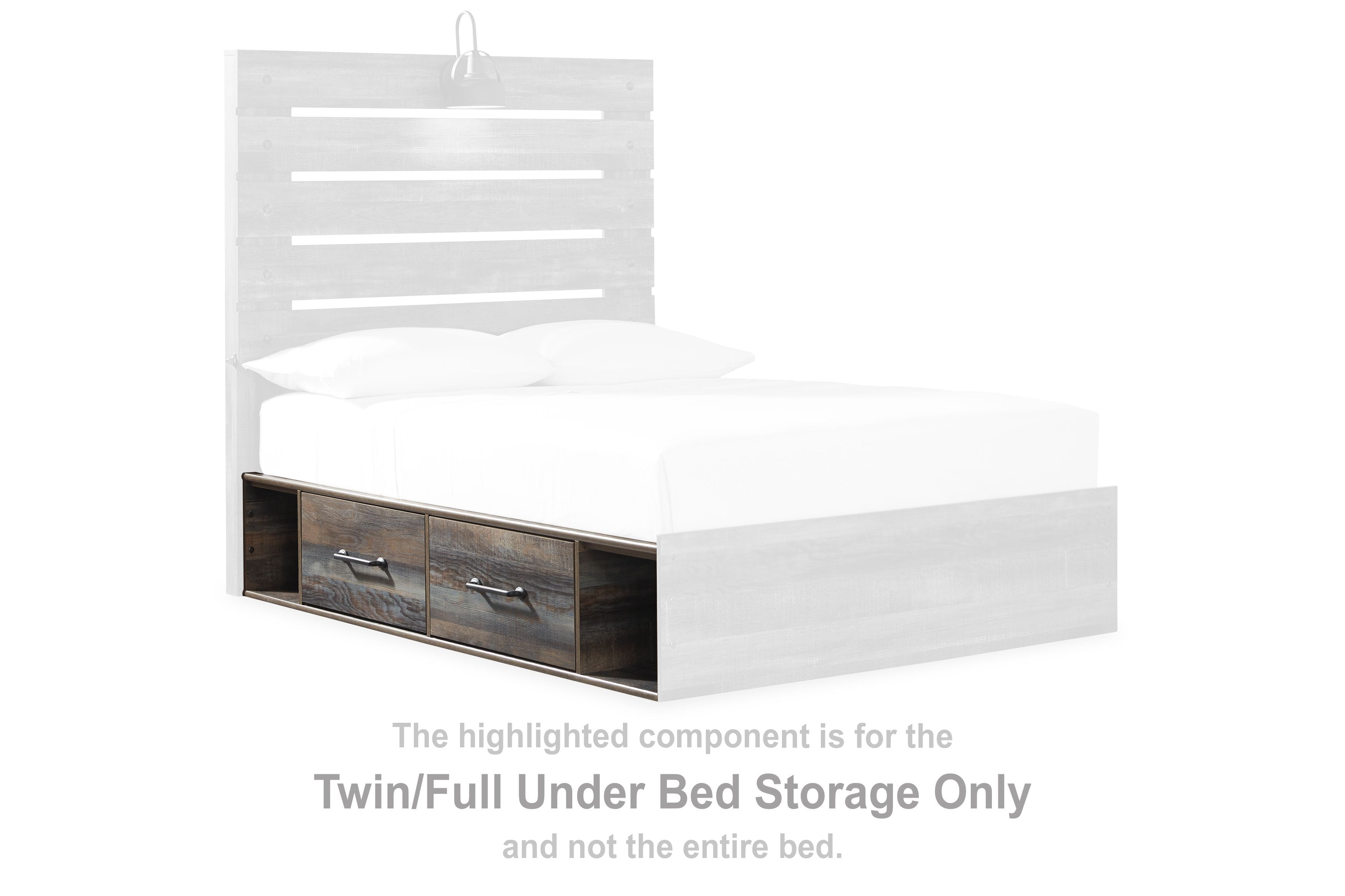Under-bed storage base with two drawers and two open sections, shown under a bed