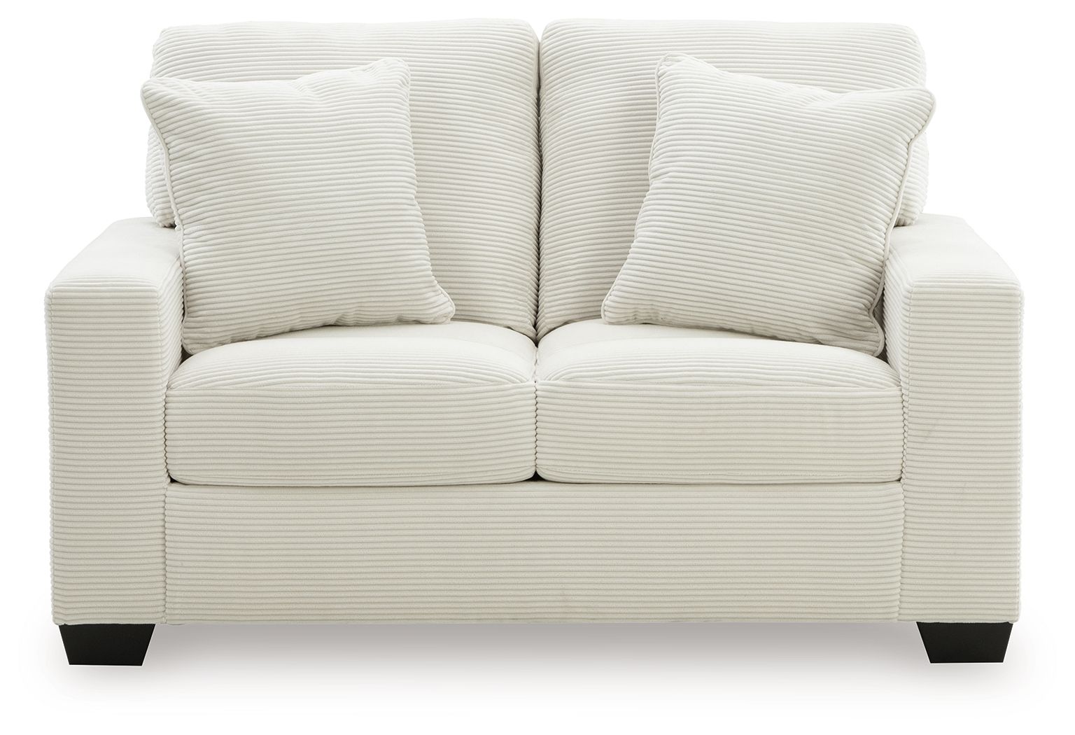 Upholstered loveseat with two seat cushions and three tall striped back pillows, light upholstery