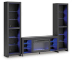 Black entertainment center with electric fireplace glowing blue and open shelving