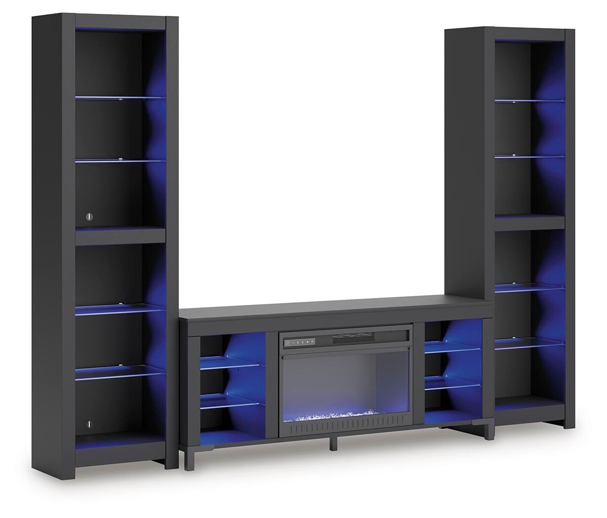 Black entertainment center with electric fireplace glowing blue and open shelving