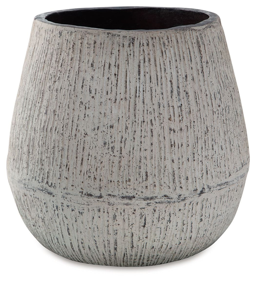 Round ceramic vase with flared top, dark interior, and speckled light gray finish