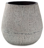 Round ceramic vase with flared top, dark interior, and speckled light gray finish