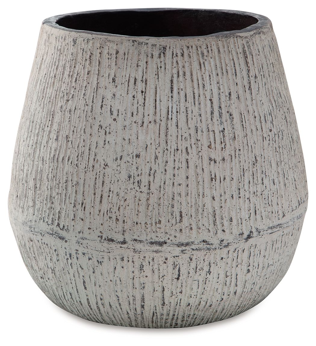 Round ceramic vase with flared top, dark interior, and speckled light gray finish
