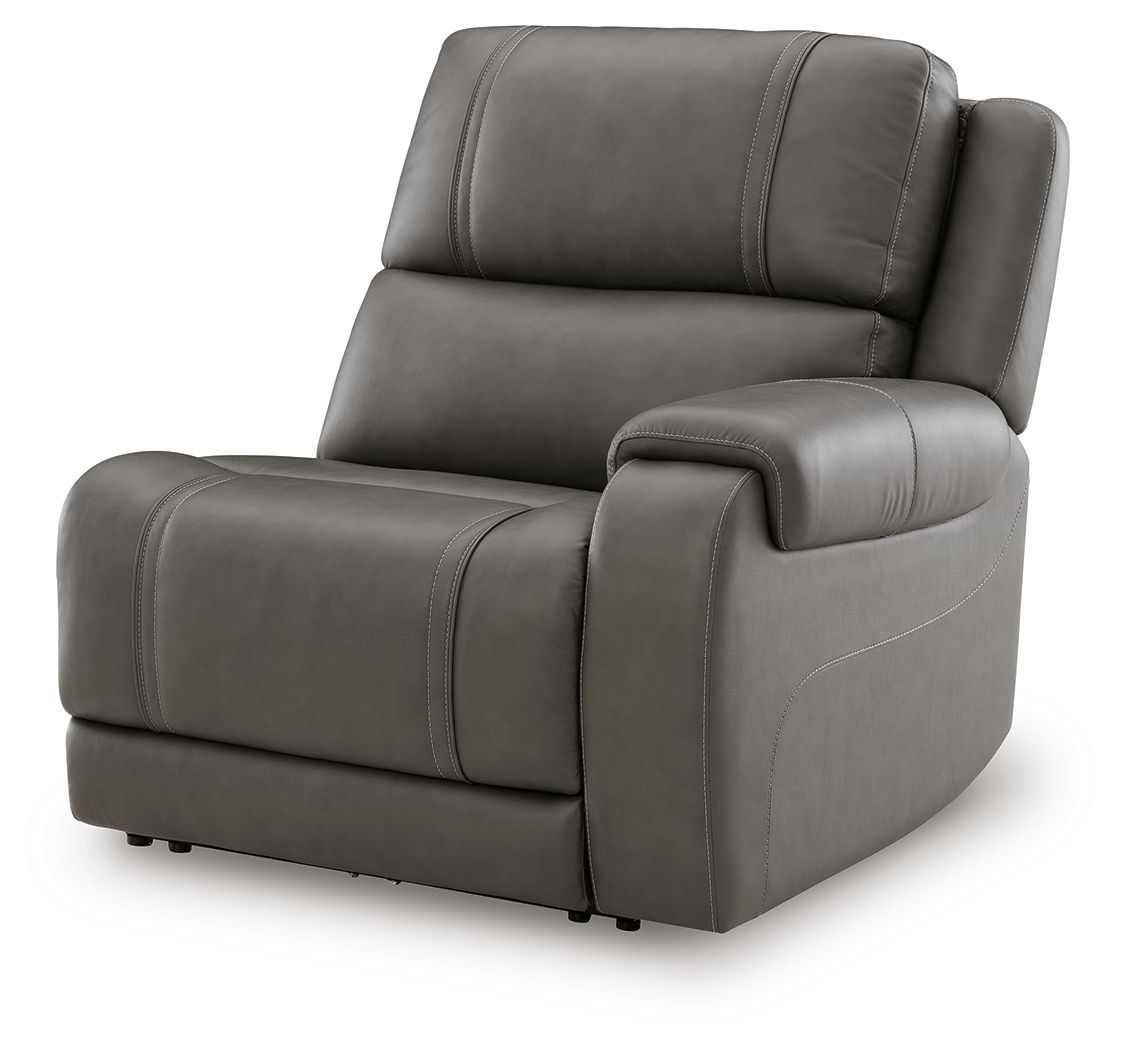 Gray power recliner with padded backrest, armrests, and thick seat cushion