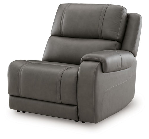 Gray power recliner with padded backrest, armrests, and thick seat cushion