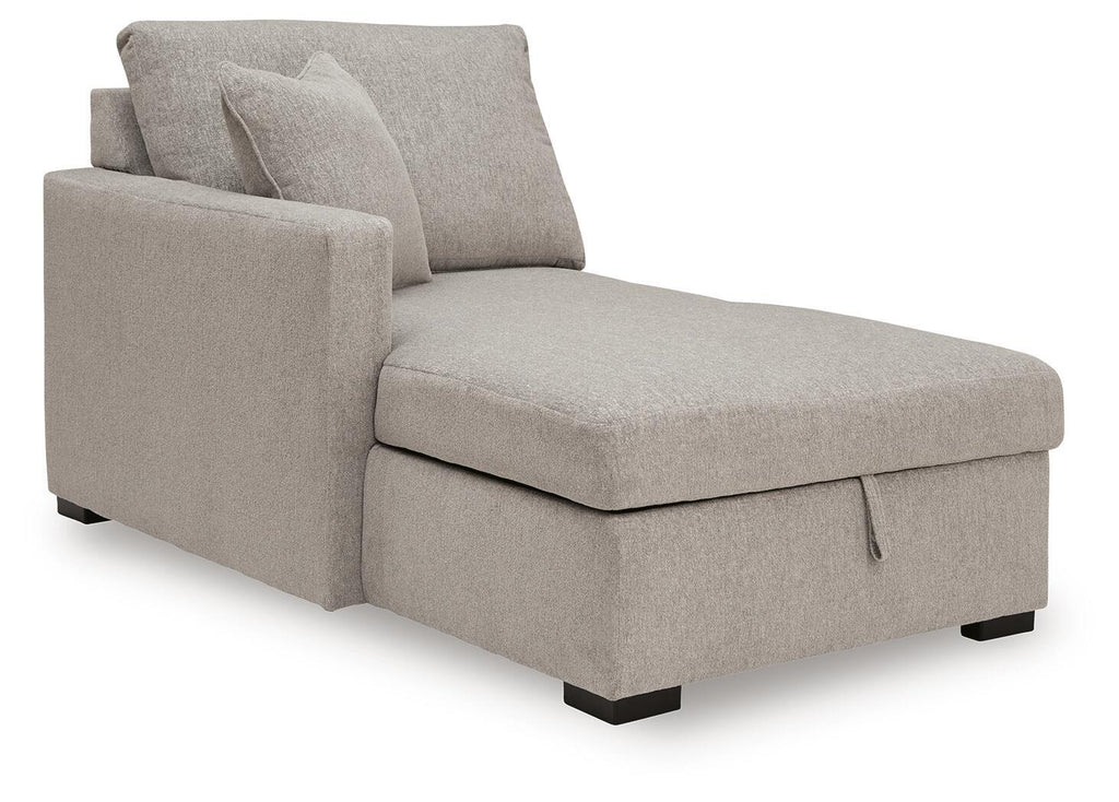 Flint gray upholstered left-arm corner chaise with storage, two pillows, black feet