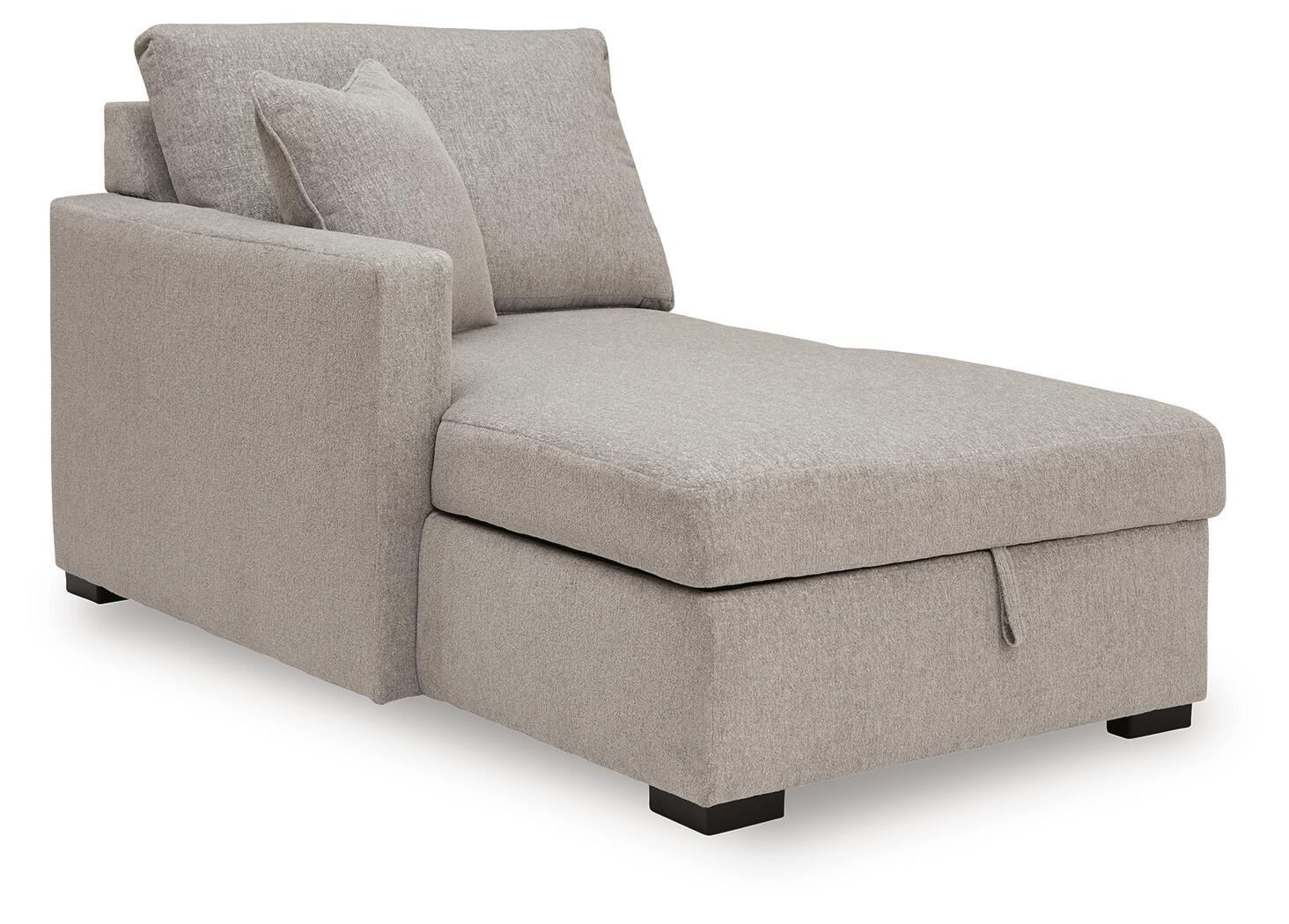 Flint gray upholstered left-arm corner chaise with storage, two pillows, black feet