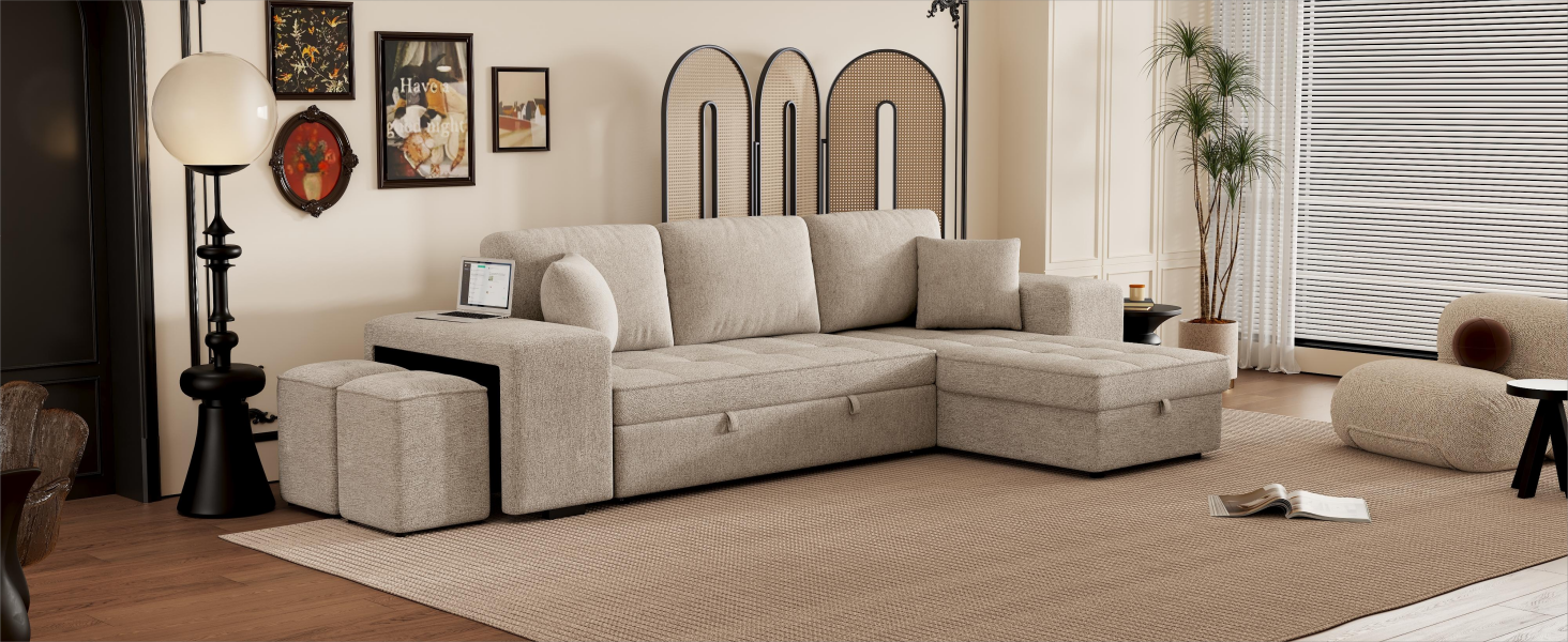 104" Brown Modern L-Shaped Sectional Sofa Bed with Storage-Sleeper Sectionals-American Furniture Outlet