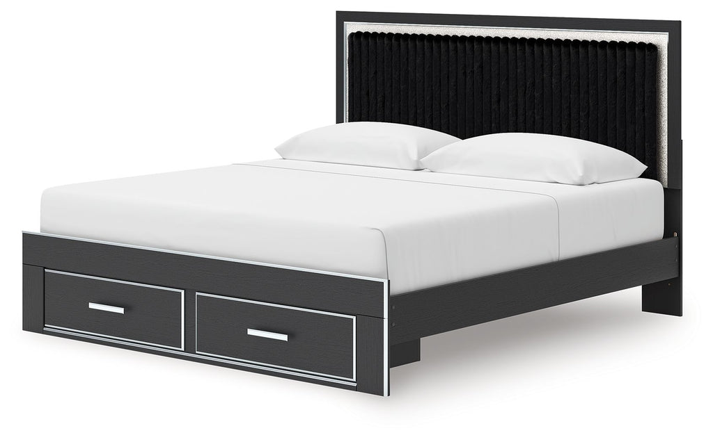 Upholstered panel platform storage bed, black frame with two front drawers and white bedding