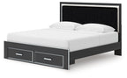 Upholstered panel platform storage bed, black frame with two front drawers and white bedding
