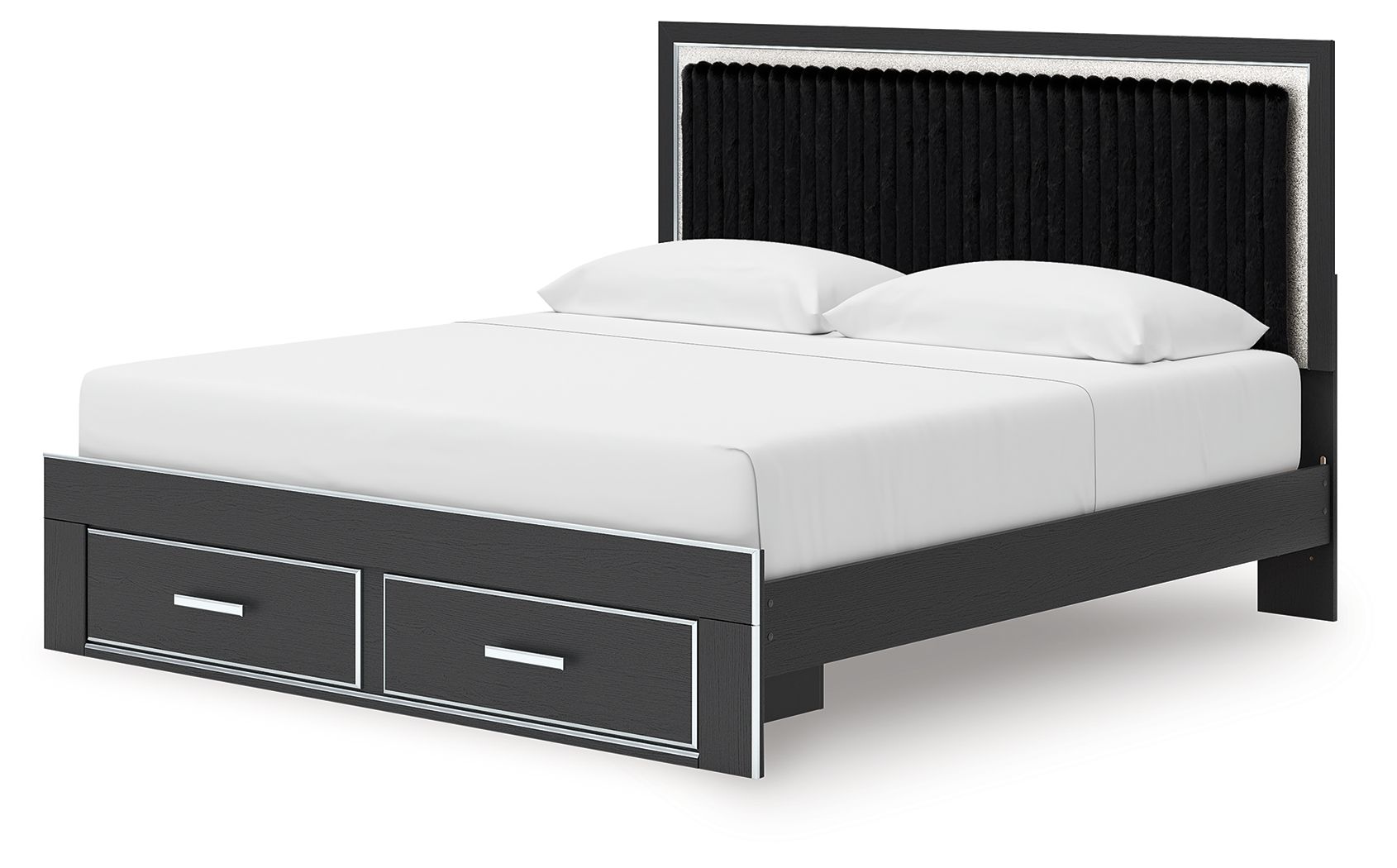 Upholstered panel platform storage bed, black frame with two front drawers and white bedding