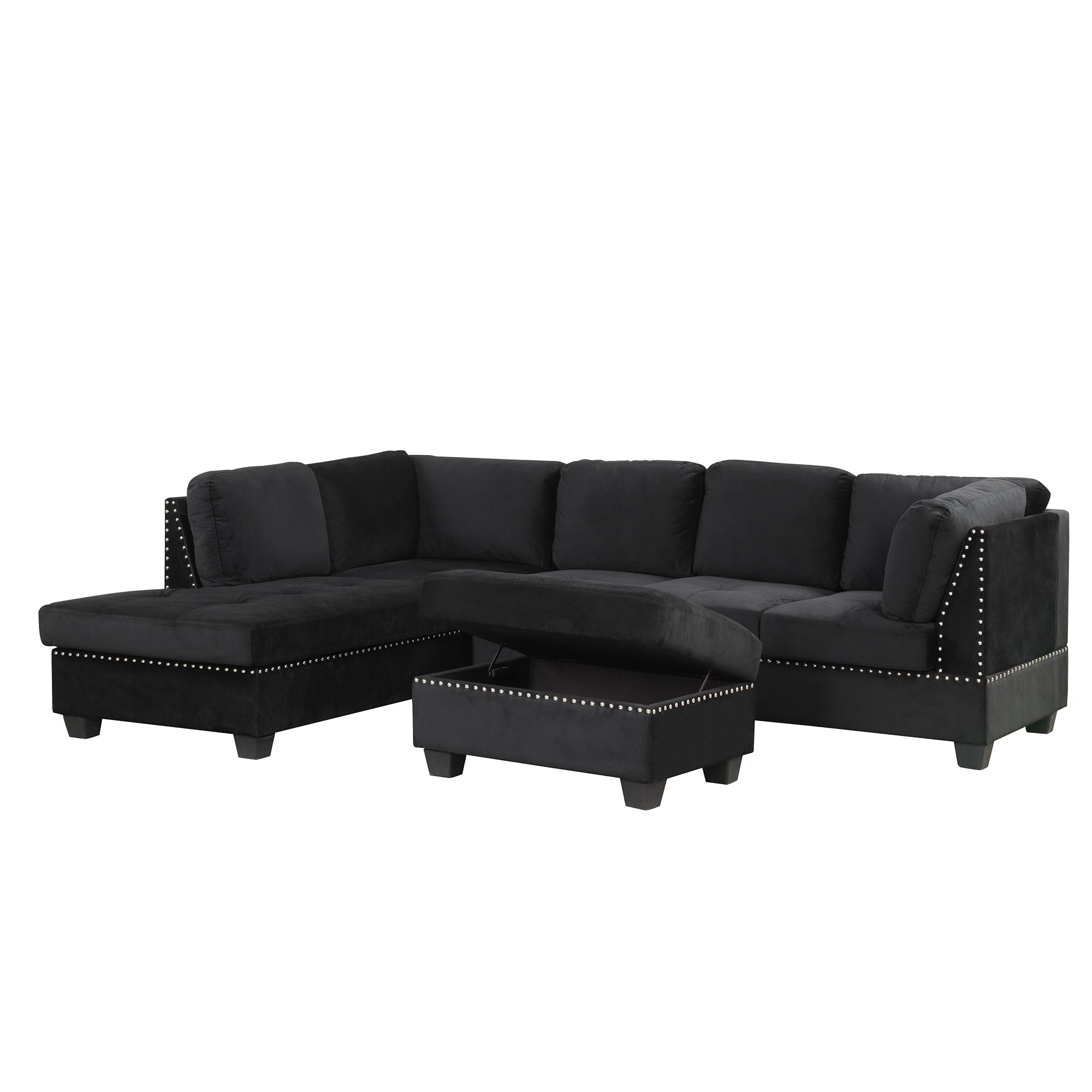 104.5" L Shaped Sectional Sofa - Black Velvet, Storage Ottoman & Cup Holders-American Furniture Outlet -American Furniture Outlet