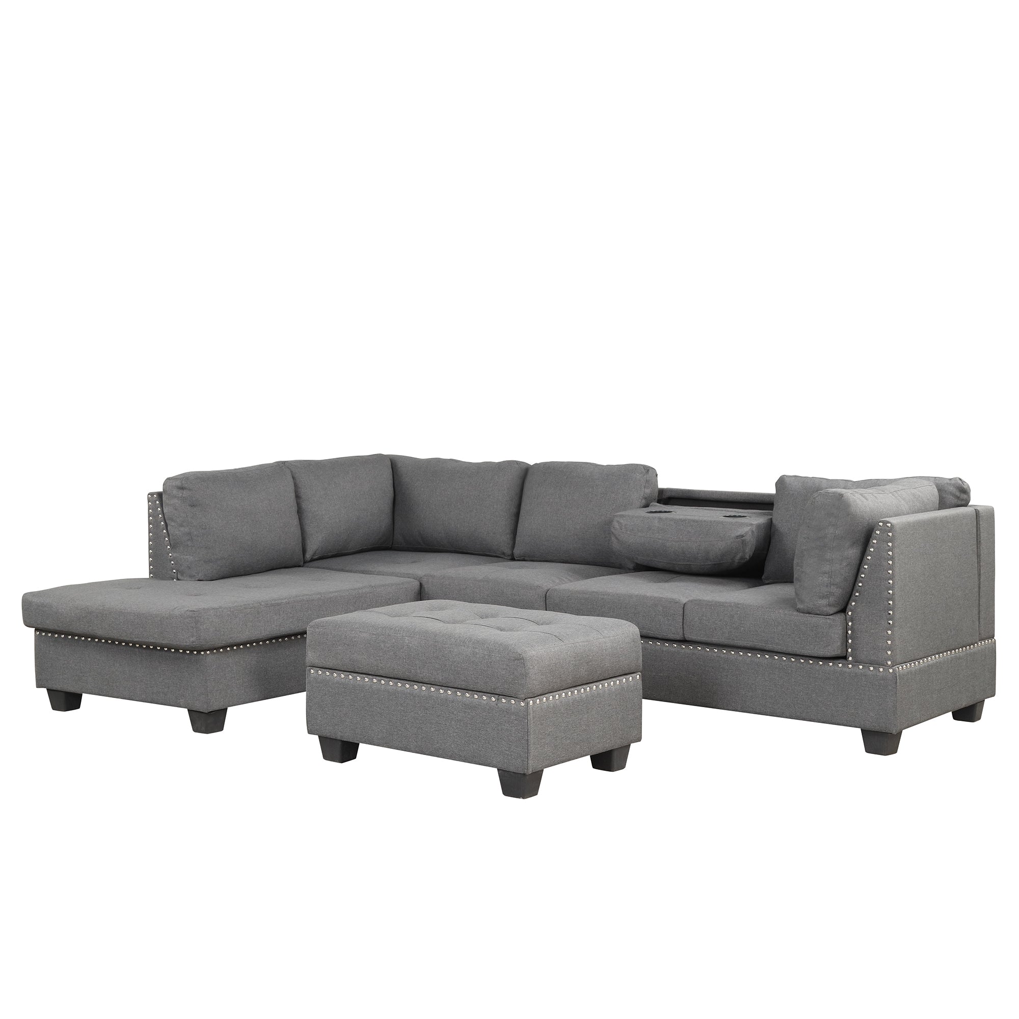 104.5" Reversible L Shaped Sectional Sofa w/ Ottoman - Gray-Stationary Sectionals-American Furniture Outlet