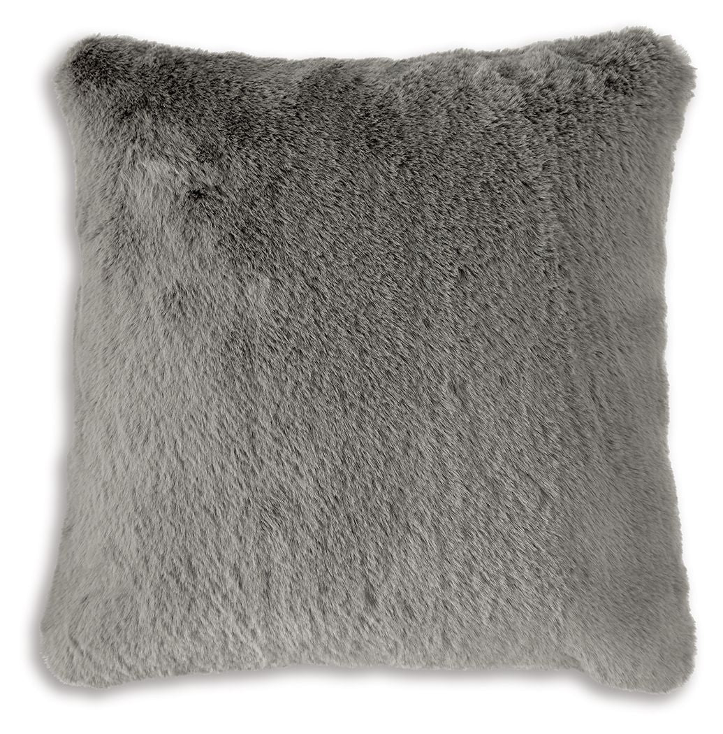 Dark gray faux fur pillow, square with plush shag texture.