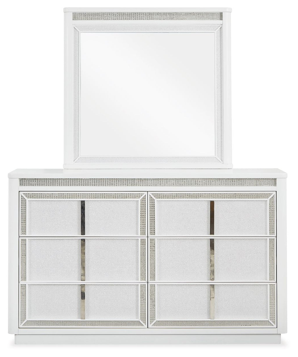 White dresser with attached mirror and paneled cabinet doors with mesh trim