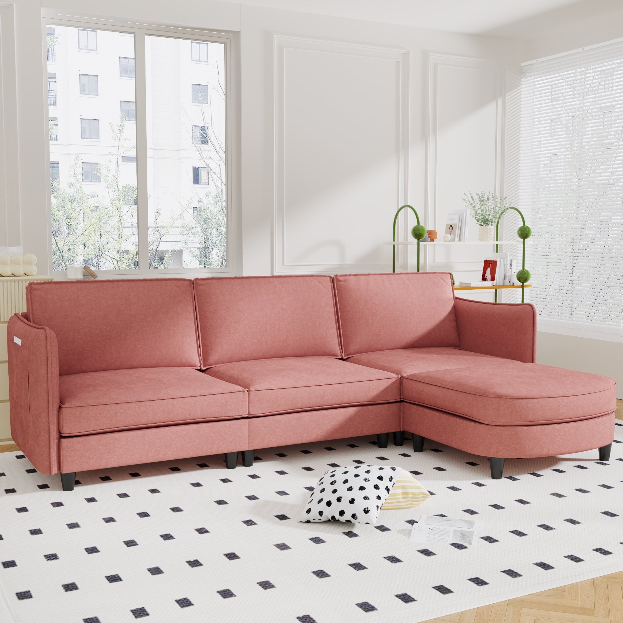 Large L-Shaped 3-Seater Sofa with Ottoman & Pockets