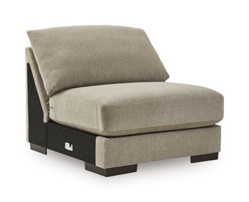 Beige armless upholstered chair with square seat cushion and dark wood base