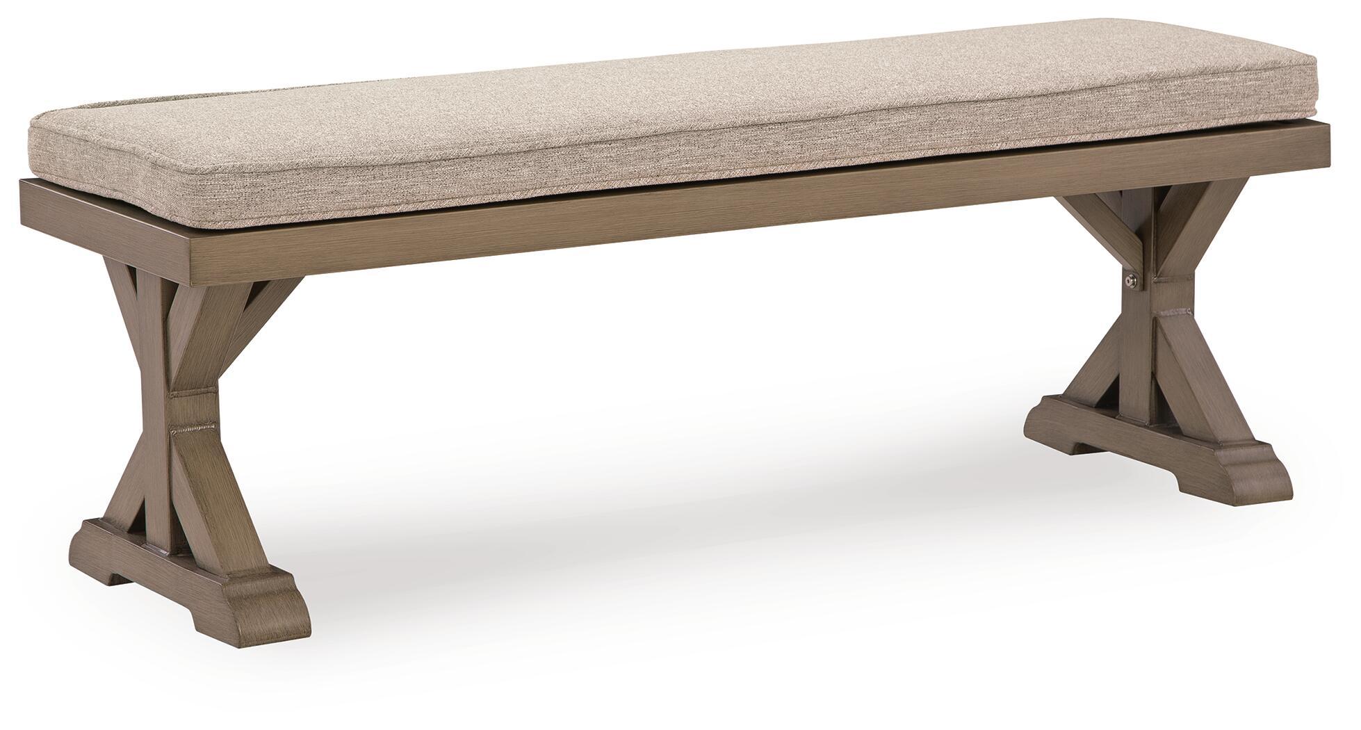 Outdoor bench with beige cushion and angled wooden legs