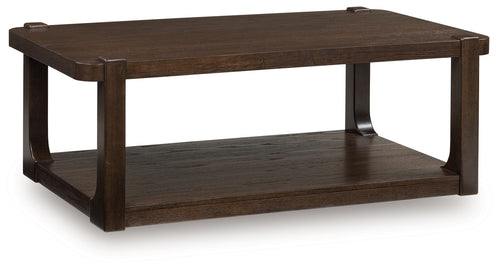 Dark brown rectangular two-tier table with open lower shelf and corner posts