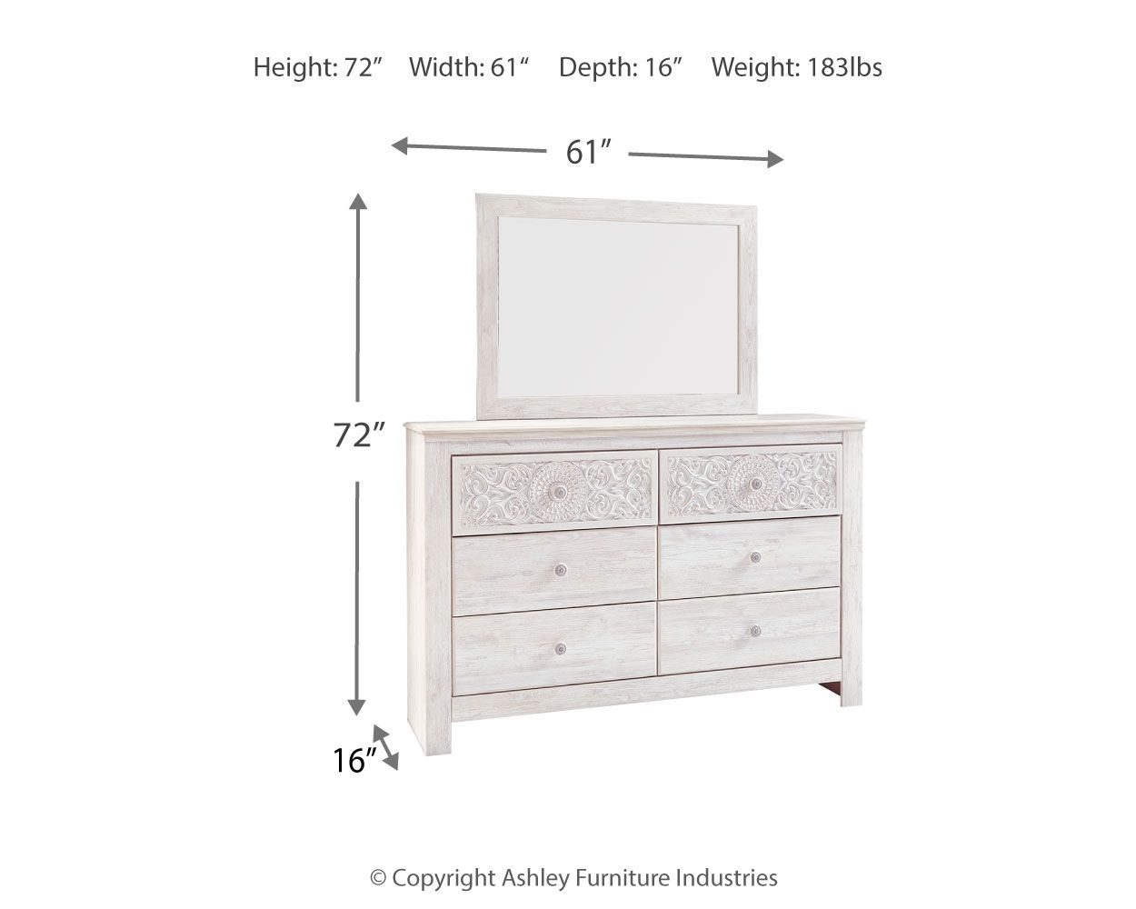 Whitewash dresser with square mirror and six drawers, medallion front details