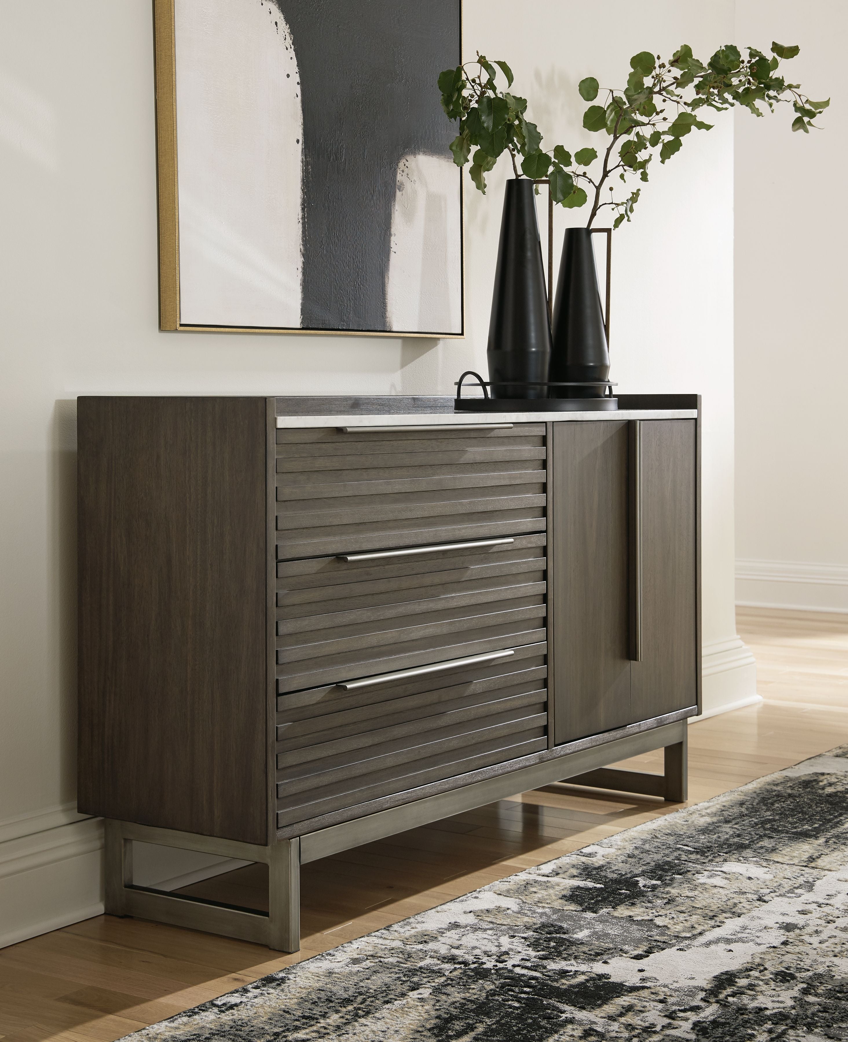 Grayish-brown dresser with mirror, slatted drawers and silver bar handles