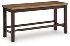 Double counter height bench in dark brown wood with wide top and open lower frame
