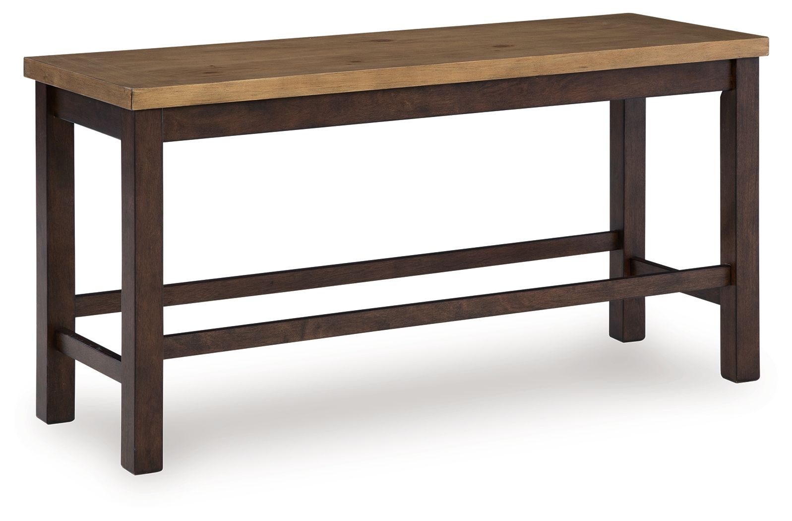 Double counter height bench in dark brown wood with wide top and open lower frame