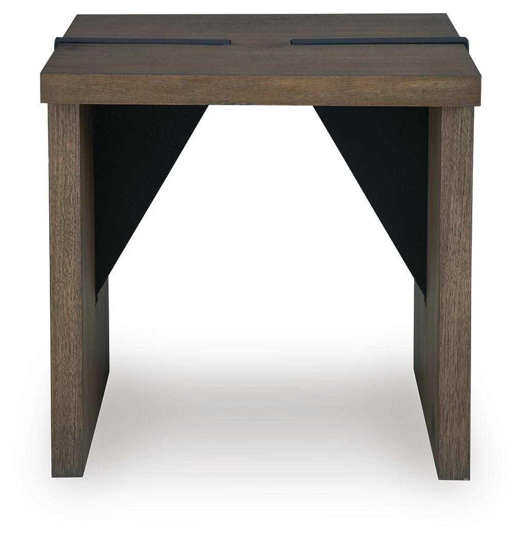 Rectangular light brown table with angled open underside supports