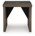 Rectangular light brown table with angled open underside supports
