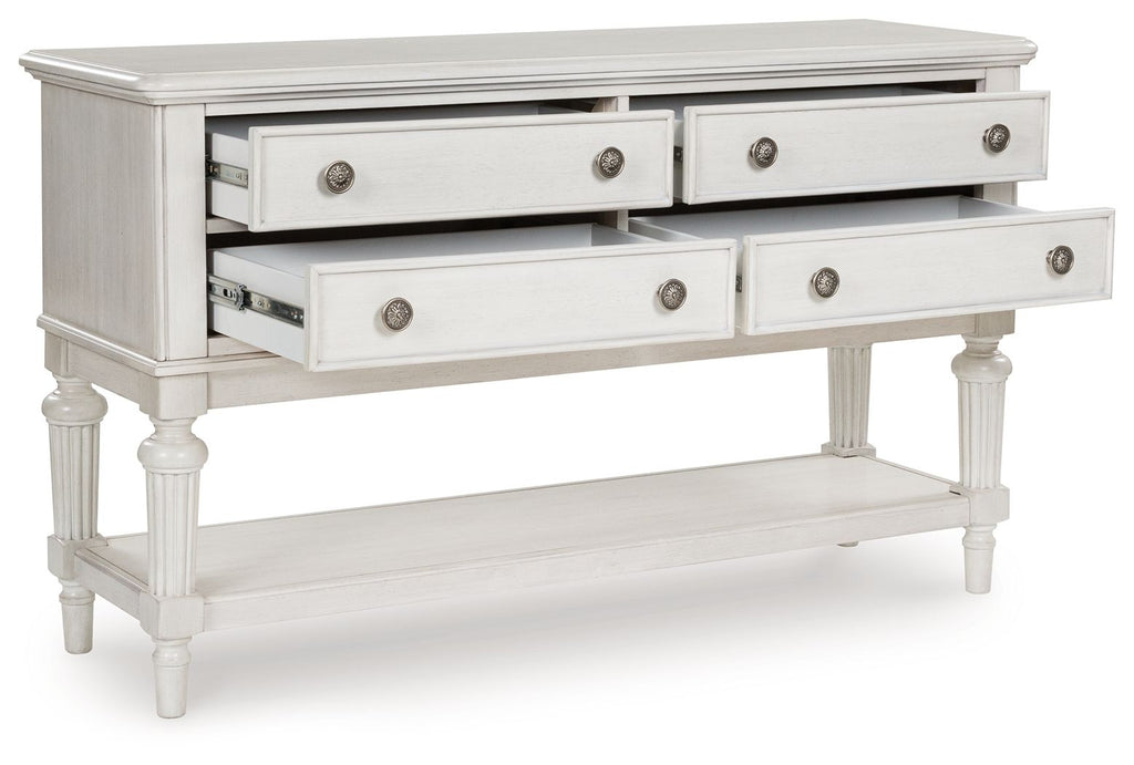 Antique white dining room server with open drawers and lower shelf, turned legs