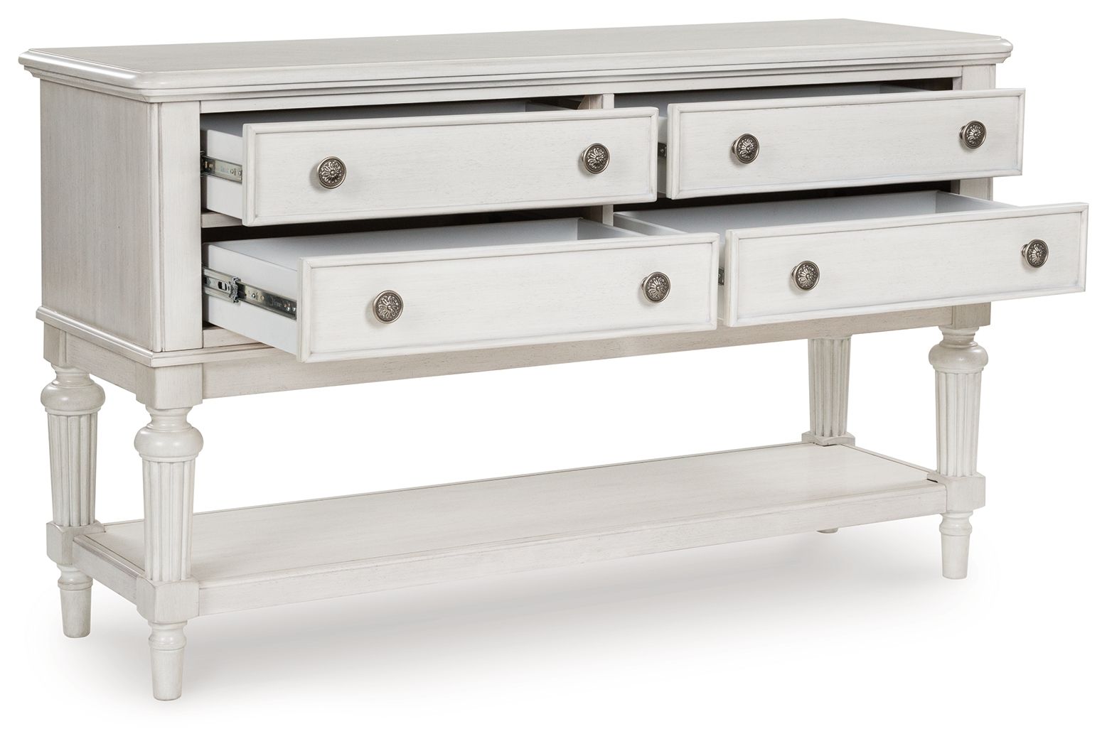 Antique white dining room server with open drawers and lower shelf, turned legs