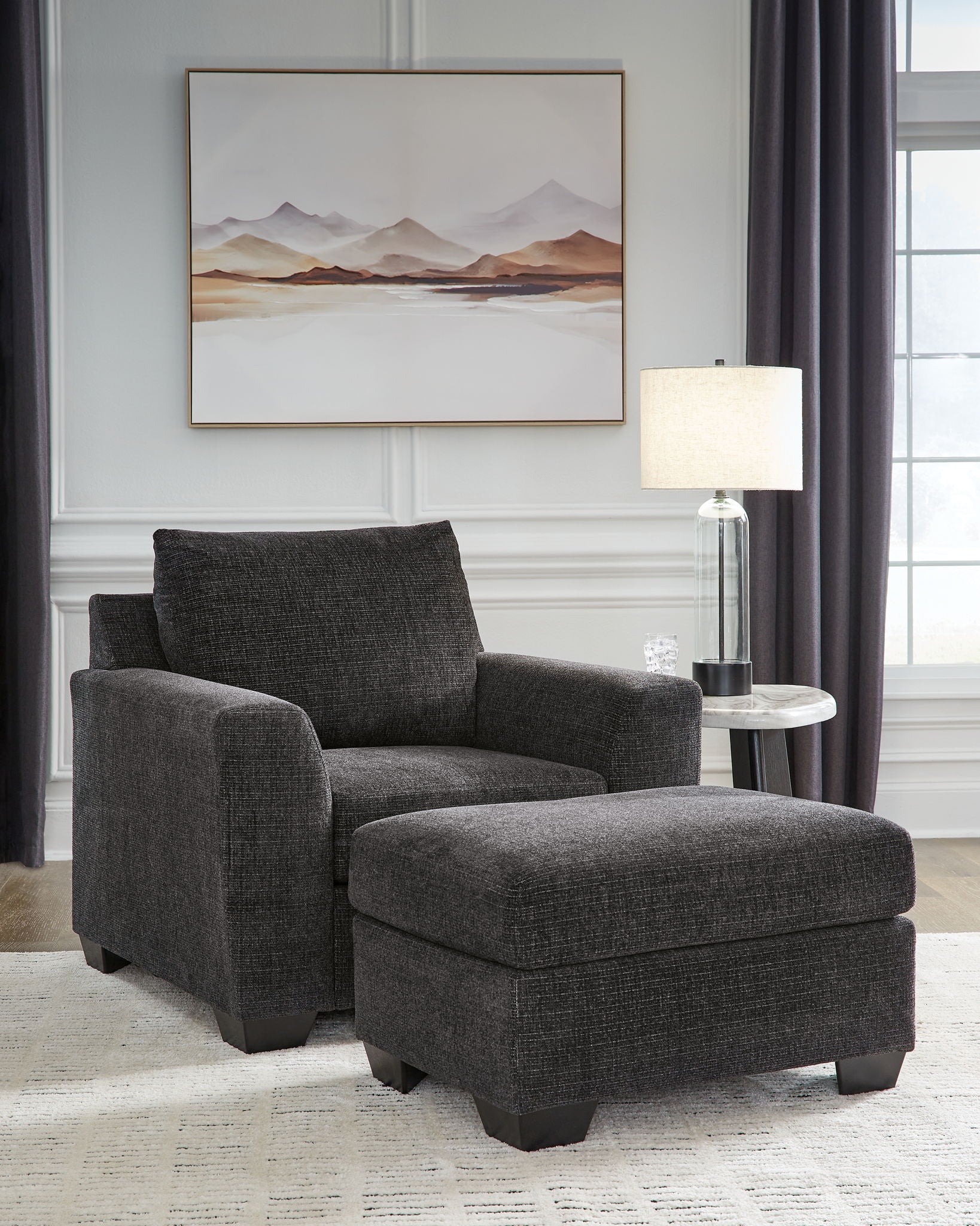 Loreo living room set dark gray armchair with matching ottoman and throw pillows