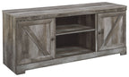 Gray TV stand with fireplace option, open compartments behind two front doors
