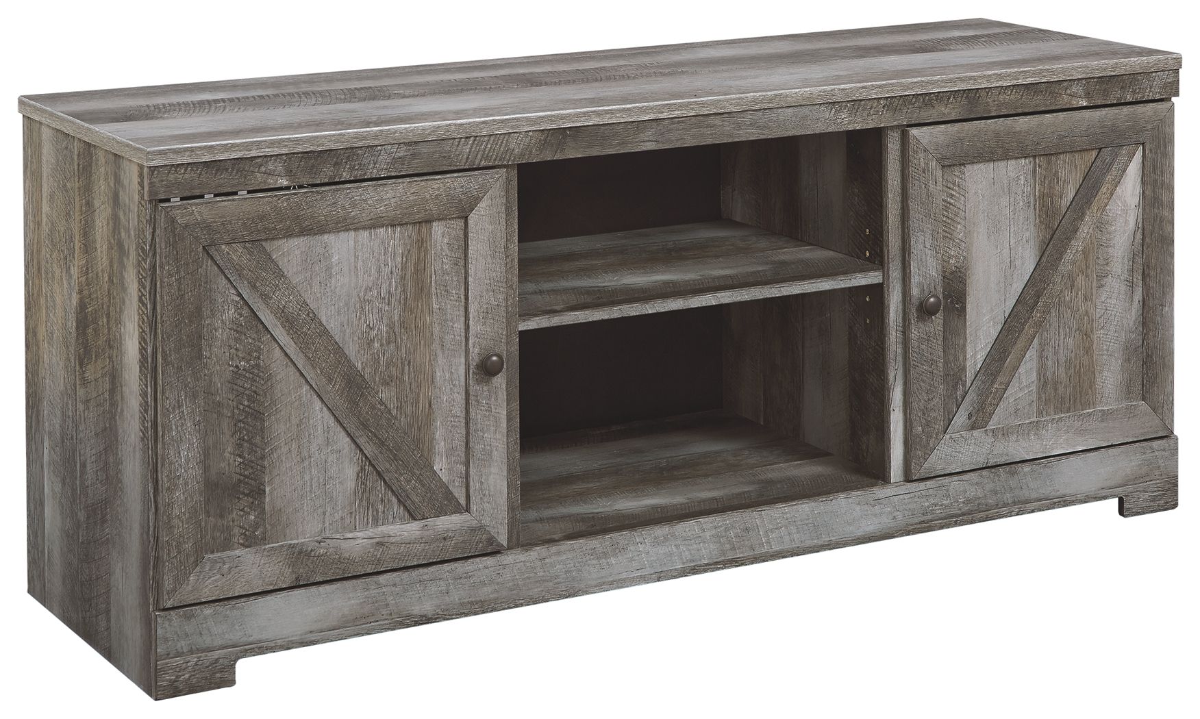 Gray TV stand with fireplace option, open compartments behind two front doors