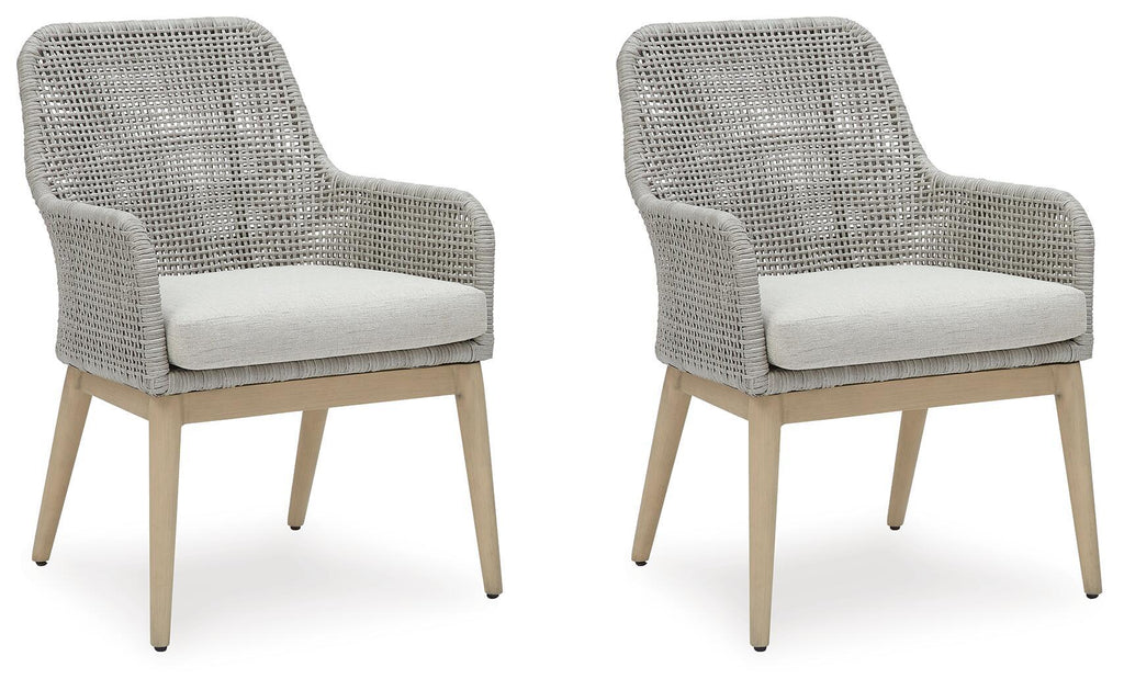 Set of 2 gray arm chairs with white seat cushions, woven fabric, tapered legs.