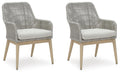 Set of 2 gray arm chairs with white seat cushions, woven fabric, tapered legs.