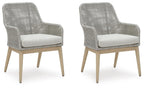 Set of 2 gray arm chairs with white seat cushions, woven fabric, tapered legs.