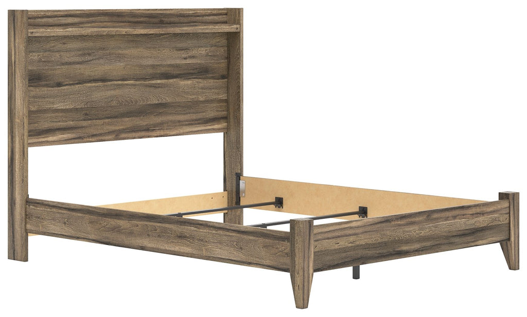 Panel bed frame with dark brown wood, open underside view and slat support