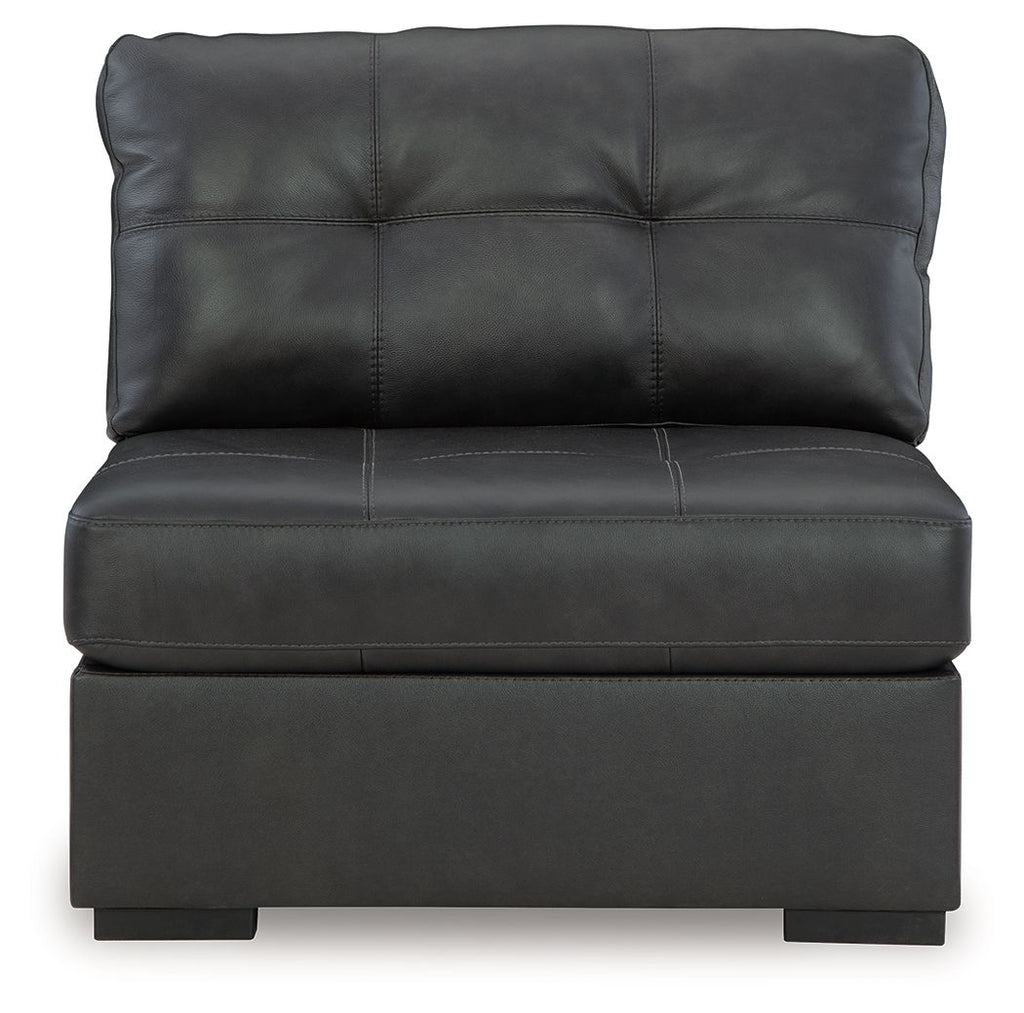 Armless chair with padded back and seat, dark gray faux leather upholstery