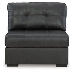 Armless chair with padded back and seat, dark gray faux leather upholstery