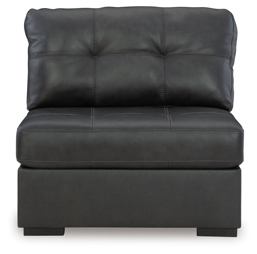 Armless chair with padded back and seat, dark gray faux leather upholstery
