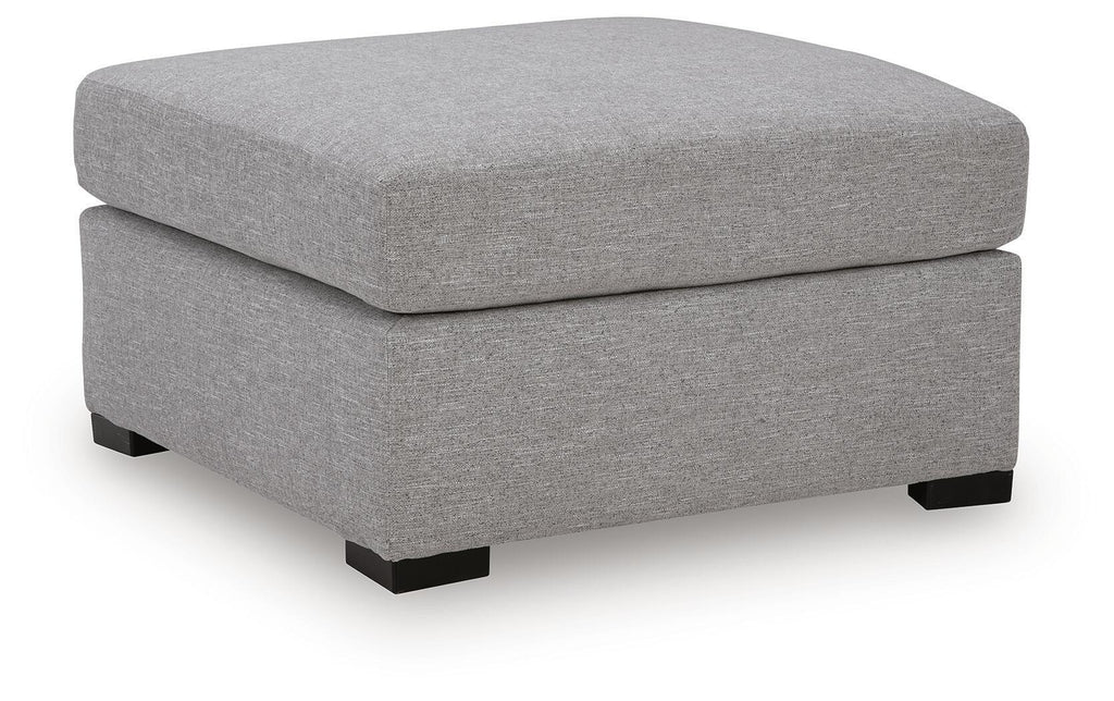 Oversized fabric ottoman in pewter gray with squared top and black block feet