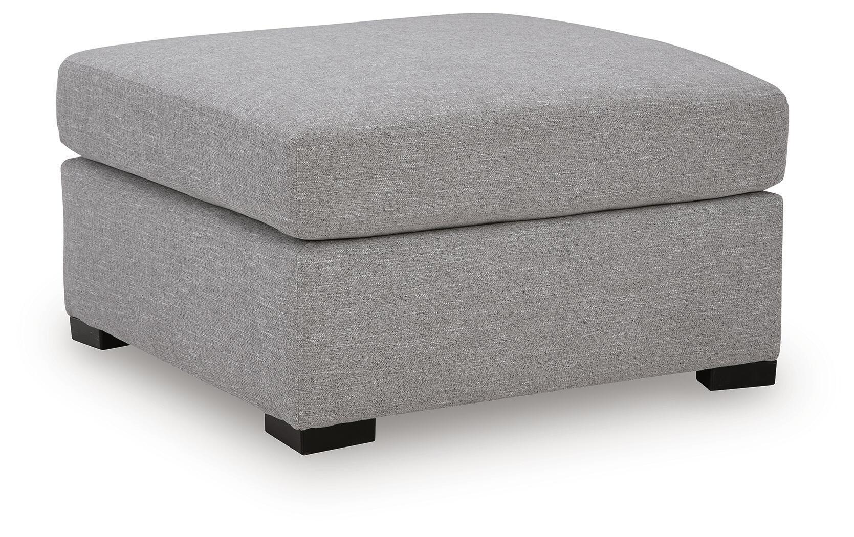 Oversized fabric ottoman in pewter gray with squared top and black block feet