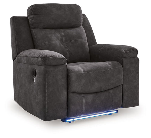 Charcoal zero-wall recliner with padded headrest, armrests, and cushioned seat/leg rest