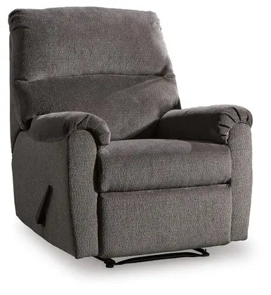 Gray fabric recliner chair with rounded arms and extended footrest